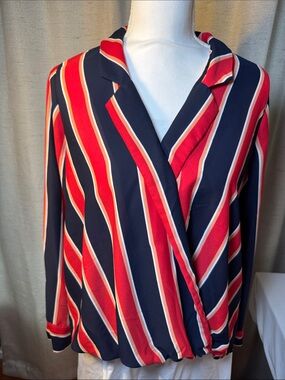 Gibson Red and Navy Striped Wrap-Front Blouse